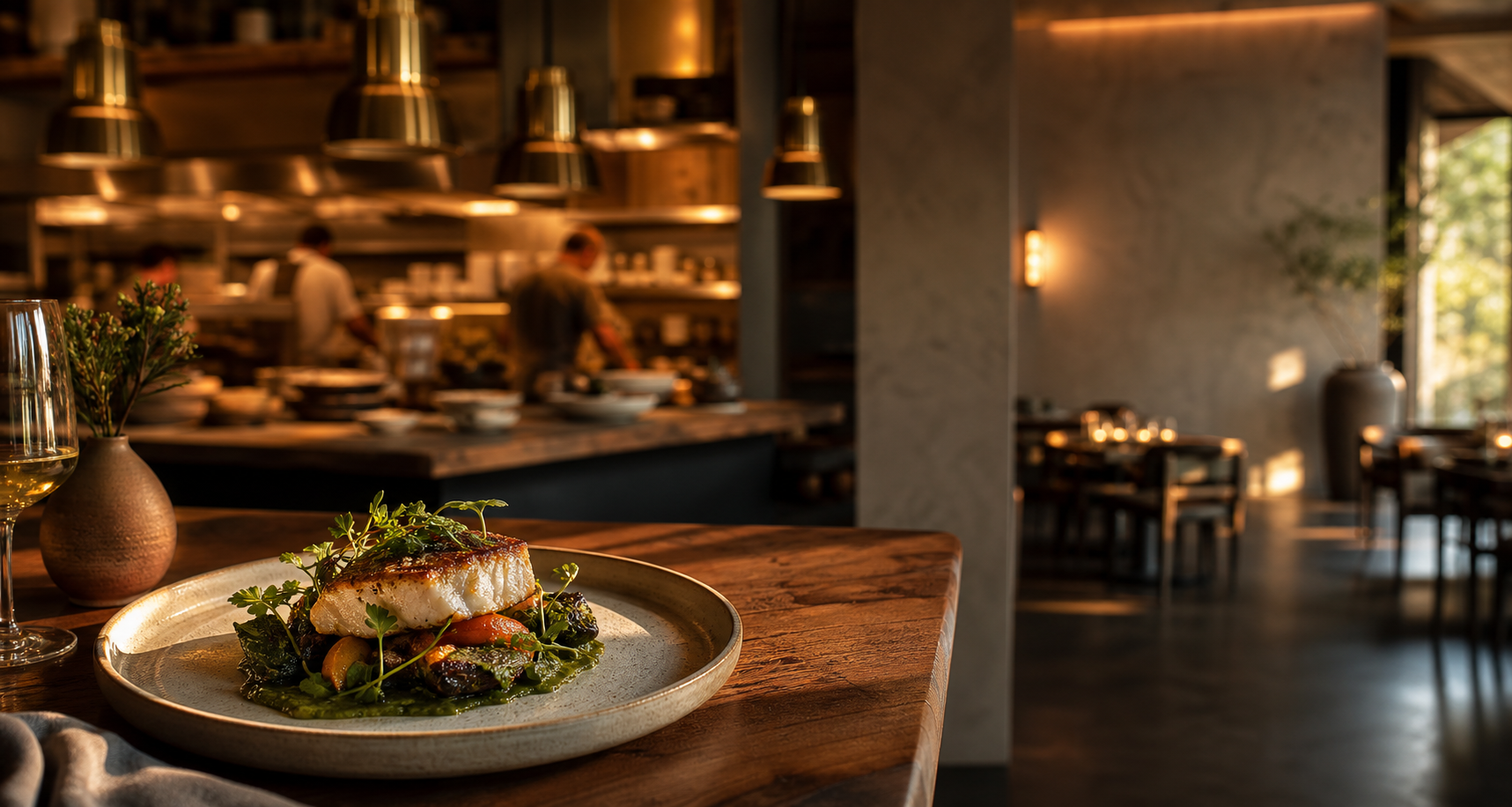 Seasonal plated dish in a warm contemporary restaurant