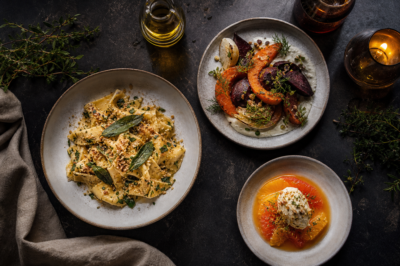 Overhead photograph of seasonal dishes on a stone counter