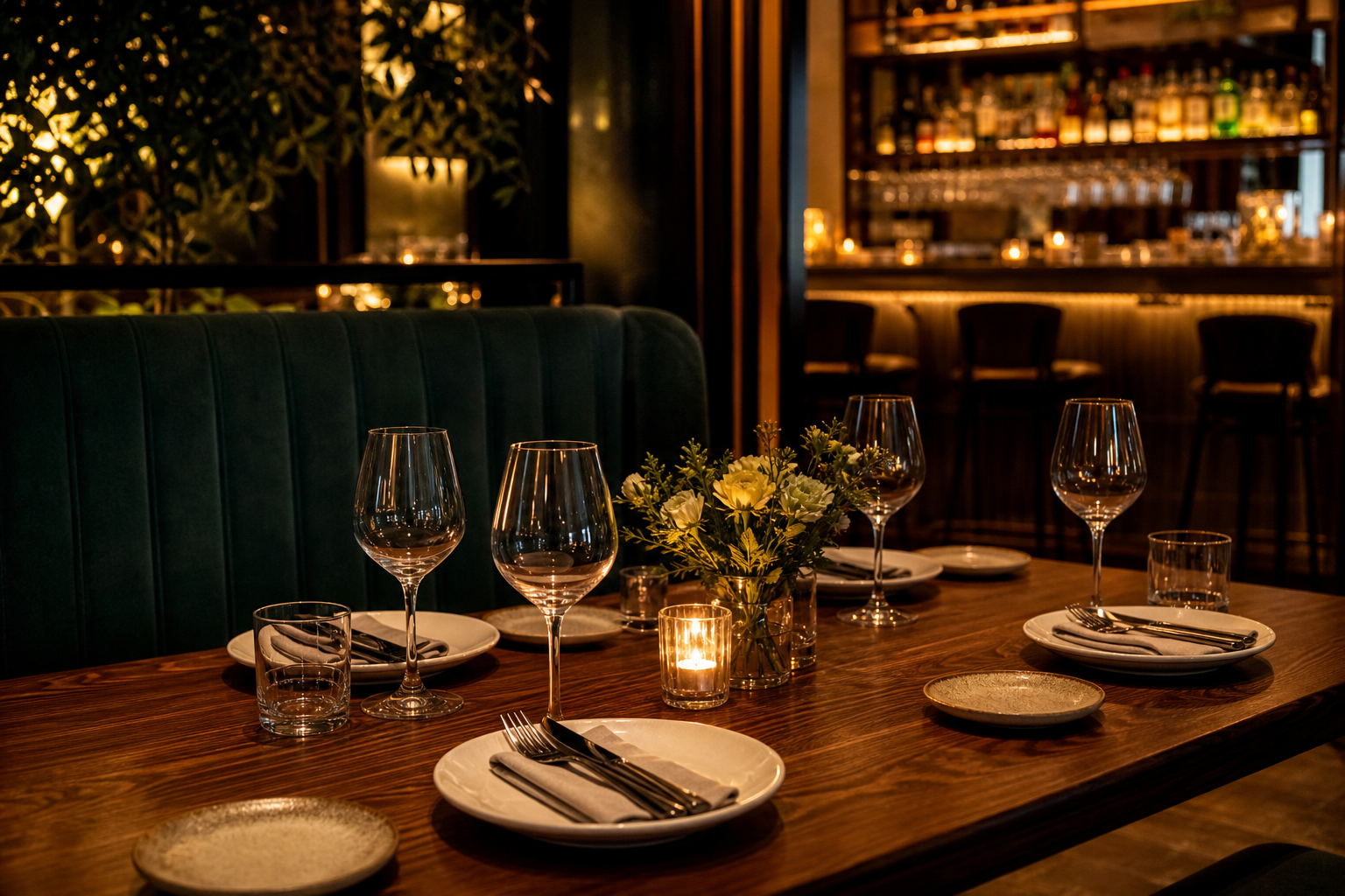 Candlelit restaurant table set for dinner