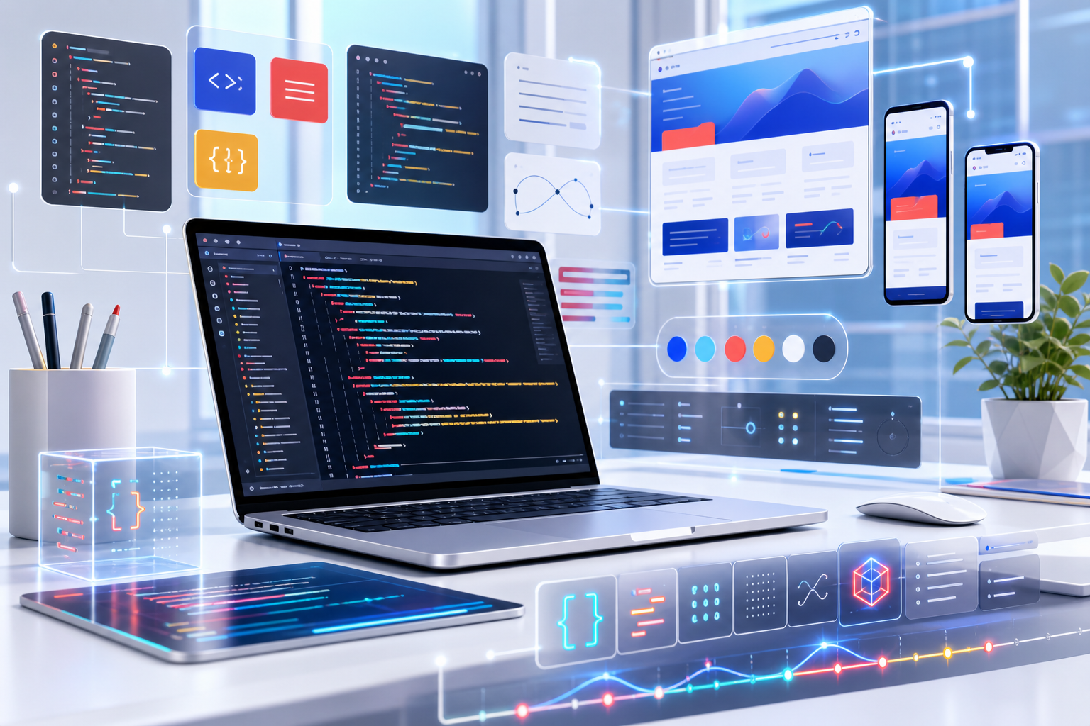 Futuristic coding workstation with responsive website previews