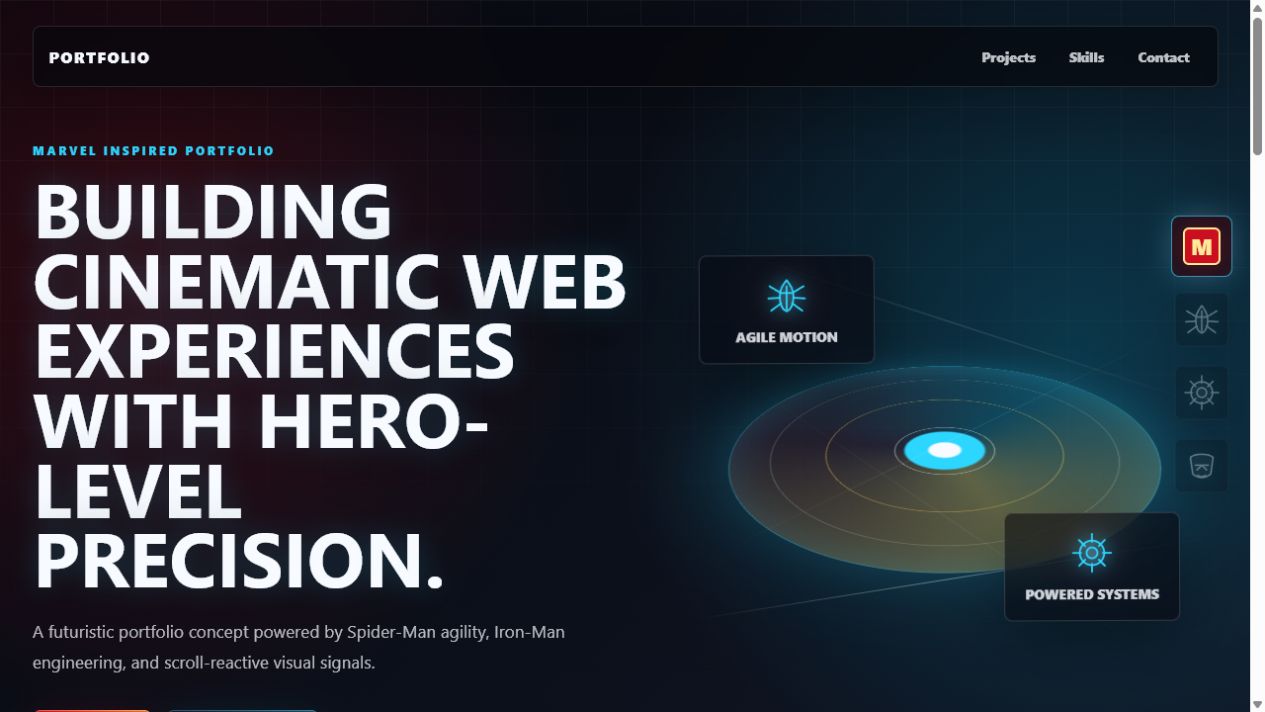 Screenshot of the Marvel-inspired portfolio concept demo