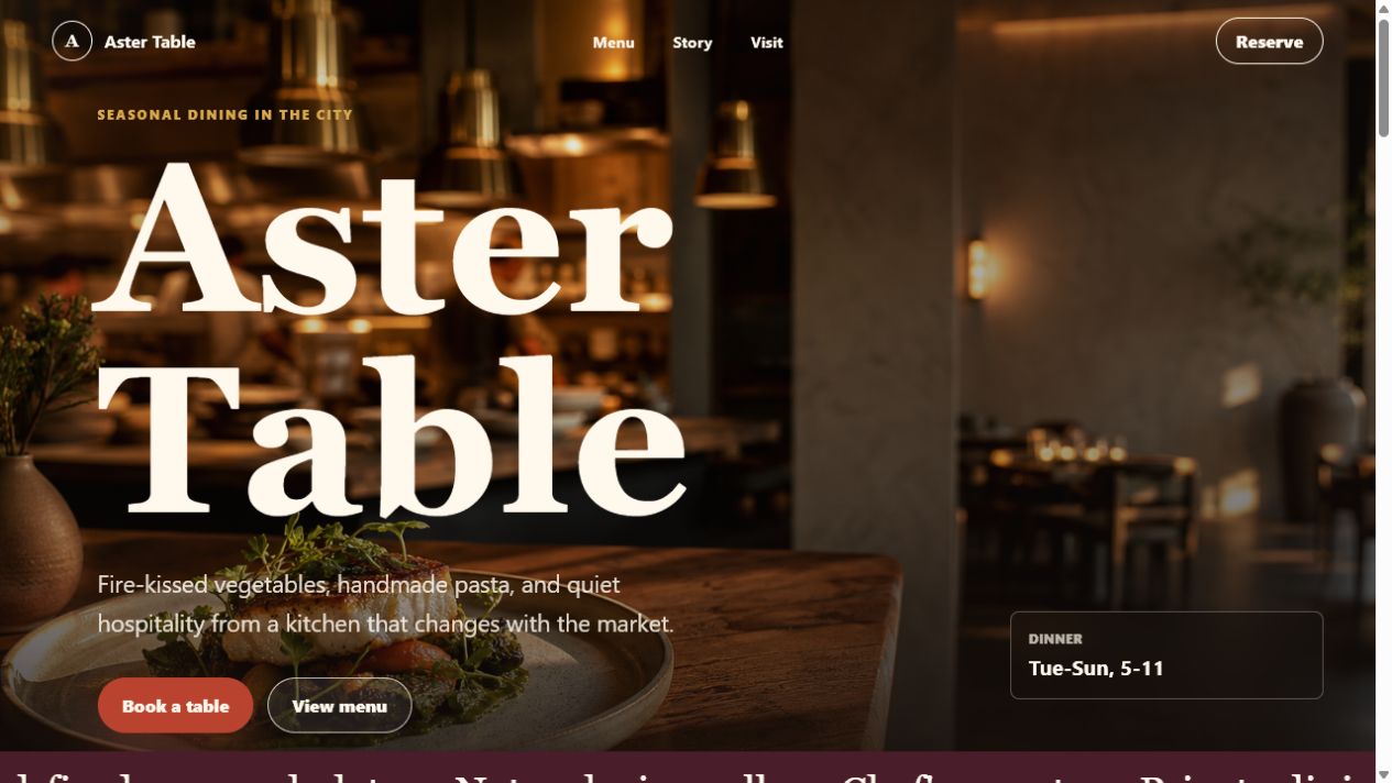 Screenshot of the Aster Table restaurant website demo